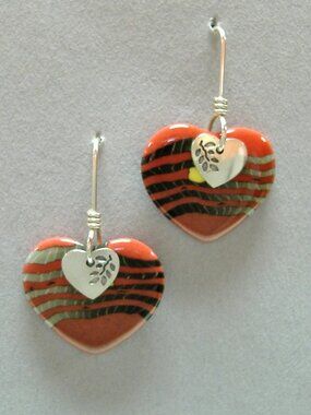 Ember Heart Earrings Porcelain Unique Ceramic Red Black Handcrafted Pierced New